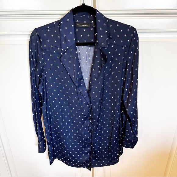 Something Navy Women’s Navy Patterned Pajama Style Button Front Blouse Oversized - Picture 1 of 8